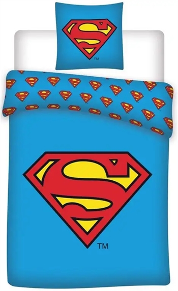 Se Superman sengetøj - 140x200 cm - Superman logo - 2 i 1 sengesæt - Dynebetræk i 100% bomuld hos Dynezonen.dk